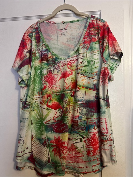 Coral Bay Tops - Coral Bay Red, Green & Teal Flamingo Tropical Print Short Sleeve Tee
